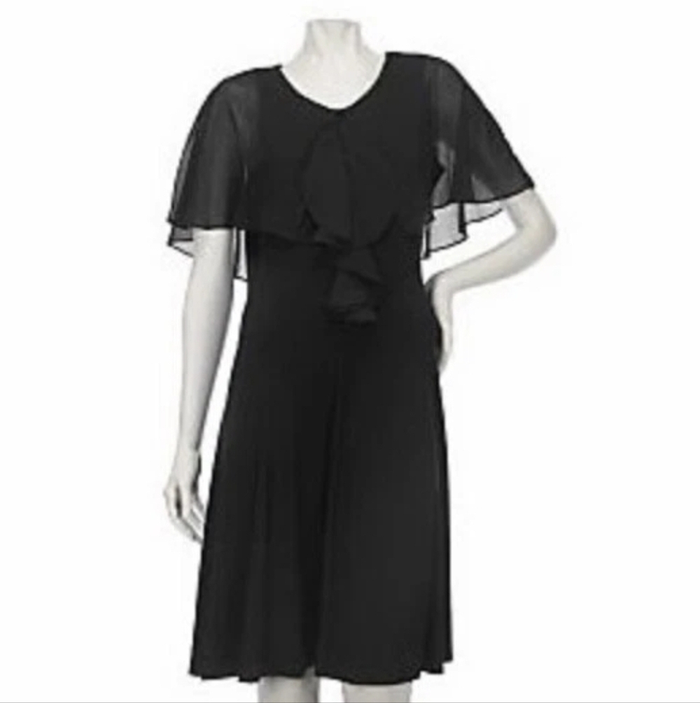 George Simonton Mixed Media Capelet Dress with Ruffle Detail Large Black